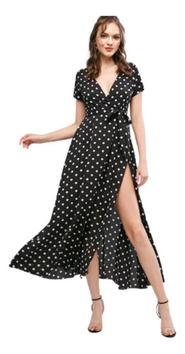 Hermoso Vestido Largo De Lunares Manga Corta Verano Mpb-502