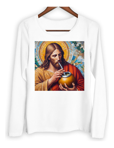 Remera Mujer Ml Jesus Tomando Mate Venecitas Arte Yerba