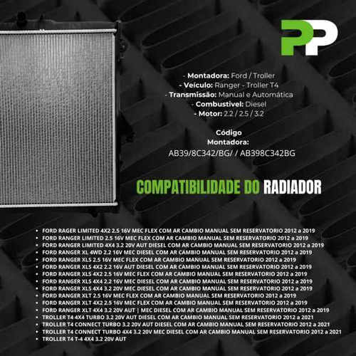 Radiador Ford Ranger 2.5/3.2 Troller T4 3.2 2012 A 19 Com Ar