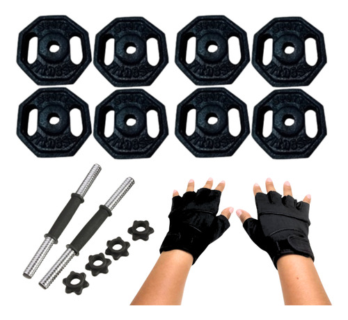 Barra Recta Discos Pesa Guantes+ Manubrio Pvc Set Pack 20kg