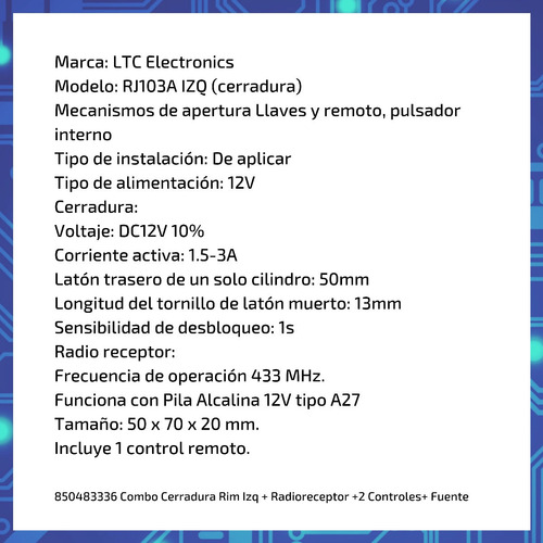 Imagen 8 de 10 de Combo Cerradura Rim Izq + Radioreceptor +2 Controles+ Fuente