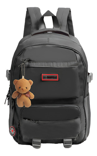 Mochila Urbana La Chapelle Microfibra Con Osito Negro Lisa