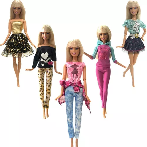 Kit Atacado 5 Casual Roupas + 5 Sapatos Para Boneca Barbie