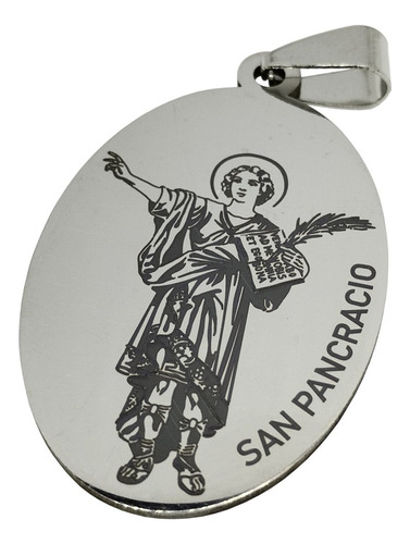 Medalla Dije San Pancracio + Oración / Acero, Grabado Laser