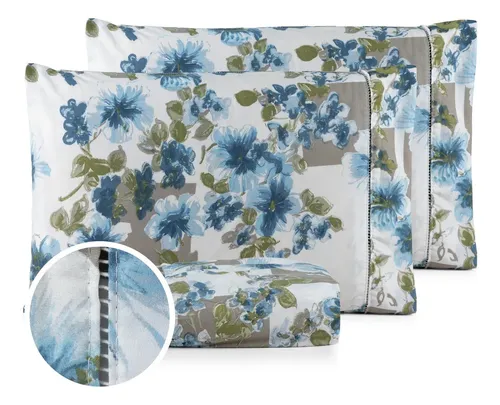 Jogo Lençol Casal 3pç 400 Fios Hipercal Conforto Macio Florido Az...