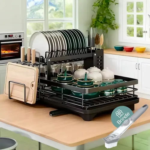 Escorredor De Louça Secador De Pratos Cozinha Aço Inox Preto 2 Andar Porta Talher Tigela E Copos Brielli Home