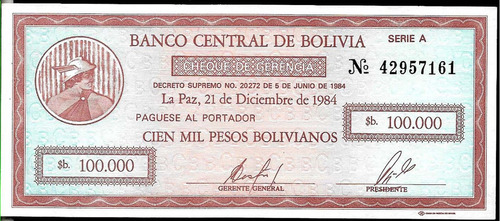 #b45 Bolivia 100000 Pesos Bolivianos Bono 1984