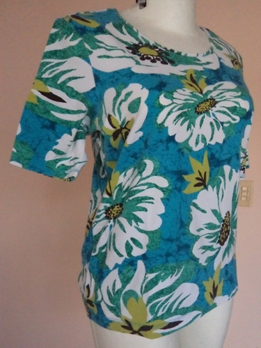 Blusa Azul Floreada De Manga Corta Talla-1 (l)  Bl1334