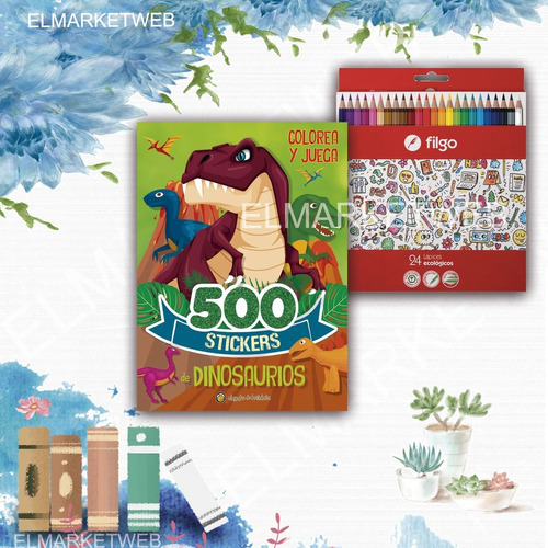 Libro Colorea Y Juega Dinosaurios 500 Stickers + 24 Lapices