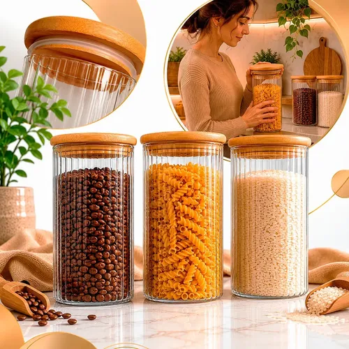 POTES HERMéTICOS DE VIDRO COM TAMPA PREMIUM DE BAMBU KIT 3 PEçAS DE 1400ML POTE DE MANTIMENTOS COZINHA ORGANIZADA TRANSPARENTE