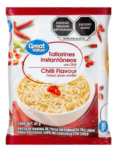 10 Pza Sopa Instantánea Great Value Sabor A Chile Picante 85
