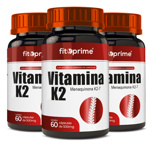 3 Potes Vitamina K2 Menaquinona 130mcg 60cps Fitoprime Sabor Sem Sabor
