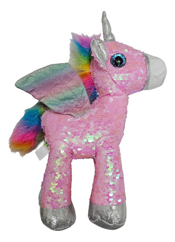 Peluche Unicornio Parado Con Alas Lentejuelas Reversibles Rosa