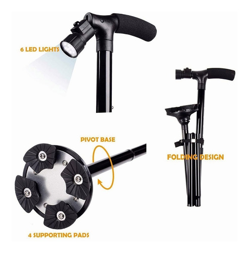 Bastón Plegable Ajustable Con Luz Led Y Base De 4 Puntos