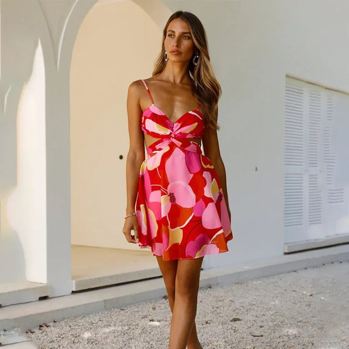 Minivestido Evasé Sin Mangas Con Cuello En V Y Estampado Flo