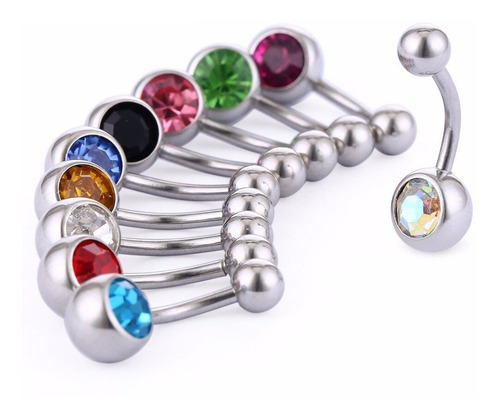 1 Piercing Ombligo Plateado Acero Quirurgico Con Un Strass Color Rosa