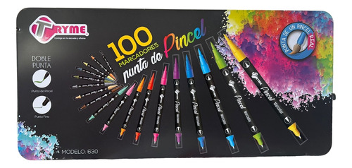 Plumones Estuche Pro Doble Punta Pincel Fino 100 Pzs Tryme 