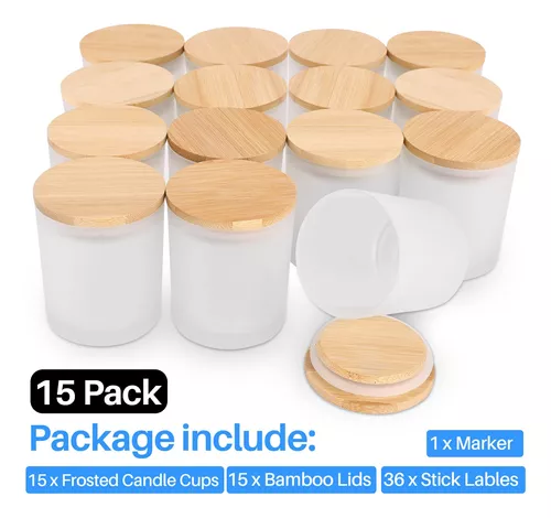  (15 Pack) Frosted Glass Candle Jars with Bamboo Lids