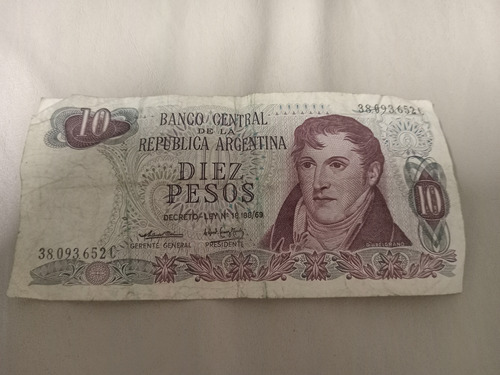 Billete Argentina 10 Pesos Ley 18188 1970-1985