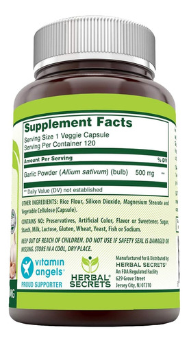 Herbal Secrets Ajo 500 Mg 120 Cápsulas Vegetales Suplemento 