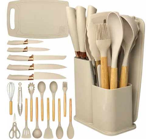 Kit Utensílios Silicone C/ Cabo De Madeira E Facas Em Inox ARISTUS
