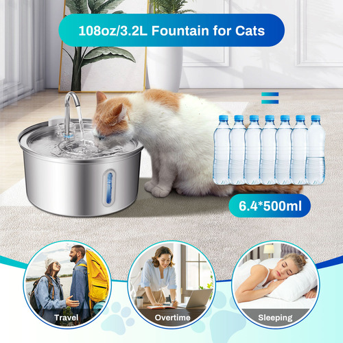 Fuente De Agua Para Gatos, Acero Inoxidable, 108 Oz/3.2 L Pa