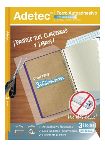 Forro Adhesivo 3 Hojas -  Libro Cuaderno 50x37 Cms Adetec