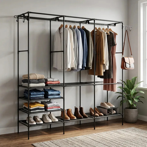 Closet Arara Cabideiro De Chão Para Roupas Triplo Resistente Preta