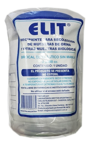 Imagen 1 de 2 de Frasco Brocal 24hs Muestra De Orina Completa 2,5 Lts
