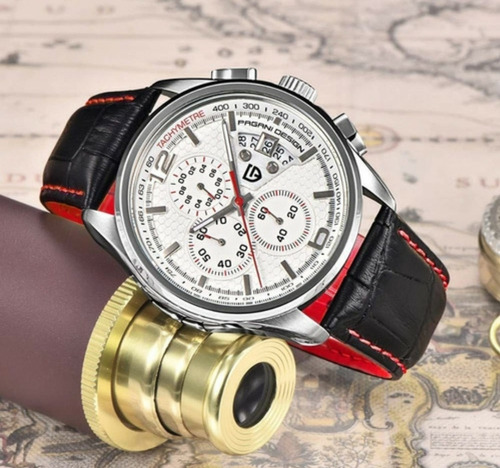 Relógio Pagani Design Branco E Vermelho Pulseira Couro Preto