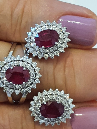 Anel E Brinco Rubi Natural E Diamantes Ouro Branco 18k750