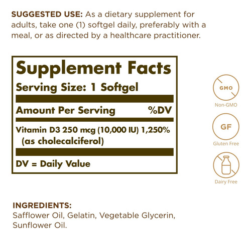Solgar Vitamina D3 10000 Ui 250 Mcg Cápsulas Blandas 360