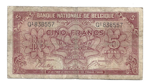 Liquido Billete De Bélgica.  5 Francos 1943