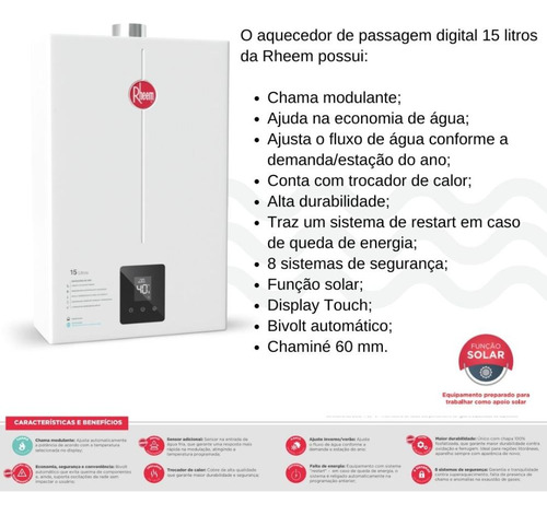 Aquecedor 15 Litros Digital Ef Bivolt Glp Rheem Branco Glp
