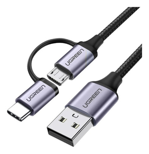 Ugreen Cable Usb 2.0 A A Micro Usb + Usb-c Trenzado 1m Negro Color Gris