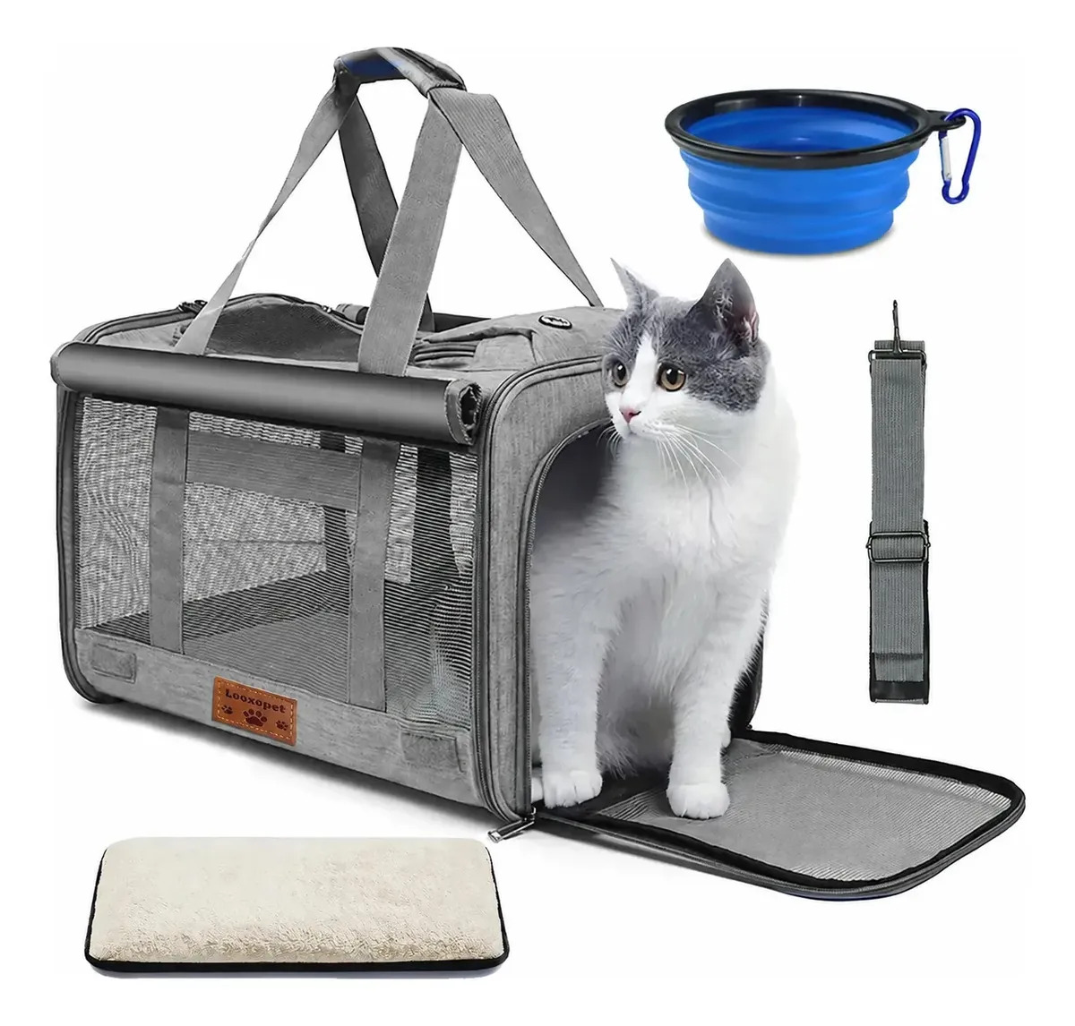 Bolsa Transporte Pet Cães Gatos Viagem Avião com Almofada 46×30×30cm Cinza