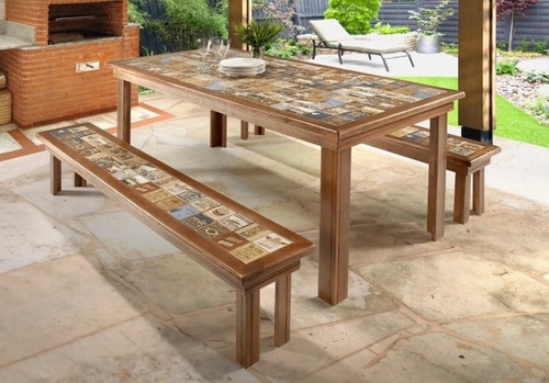 Mesa Jantar Grande Com Dois Bancos E 4 Banquetas