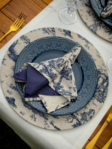 Conjunto Mesa Posta Linho Toile De Jouy Estilo Farm House