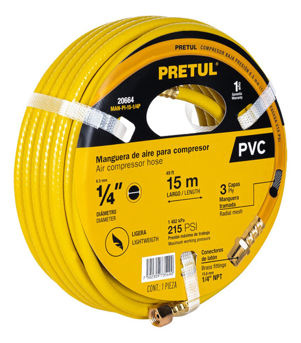 Manguera De Pvc Para Compresor, 15 M X 1/4 , Pretul 20664 Color Amarillo