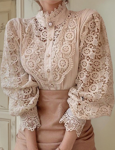 Camisa Encaje Flores Huecas Femenino Francés Ocio