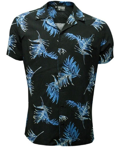 Camisa Bross Fibrana Hawaiana Flores Negro