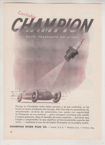 1947 Publicidad Vintage Bujias Champion Spark Plug Company