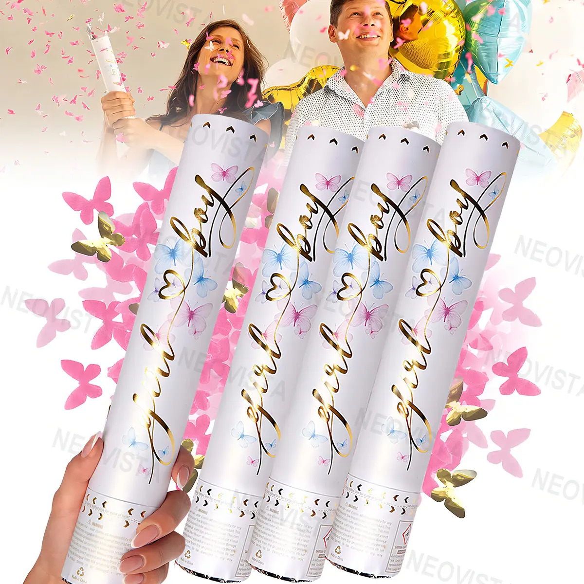 Imagen de Pack de 4 Cañones de Confeti de Mariposas Rosas y Doradas para Revelación de Género y Baby Shower