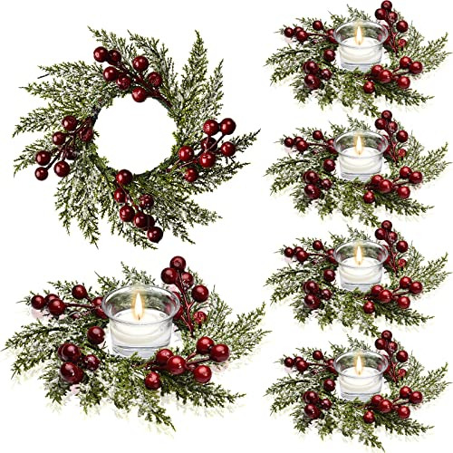 Christmas Candle Rings Artificial Red Berries And Pinec...