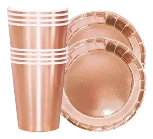 10 Pratos 10 Copos De Papel Rose Gold Metalizado Laminado