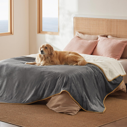Manta Impermeable Para Cama, Forro Polar Sherpa, Color Gris,