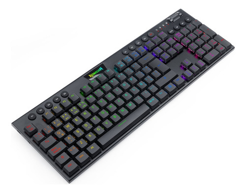 Teclado gamer bluetooth Redragon Horus K618 QWERTY Redragon Low profile Linear Red español latinoamérica color negro con luz RGB