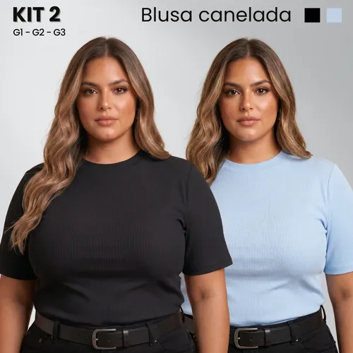 Kit 2 Blusa Feminina Plus Size Manga Curta Canelada Baby Tee