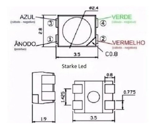 Led Smd 3528 Rgb 4 Pinos Capa Preta - P/ Painel - 5 Uni
