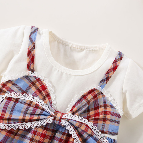 Vestido A Cuadros Bebé Con Lazo Grante Diseño De Doble Capa